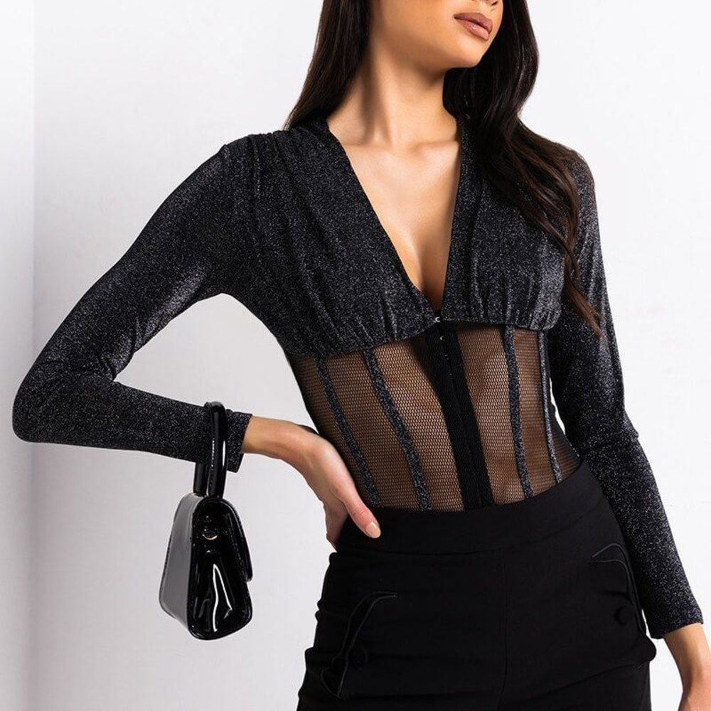 Akira - Silver & Sheer Corset-Style Black Sparkly Bodysuit